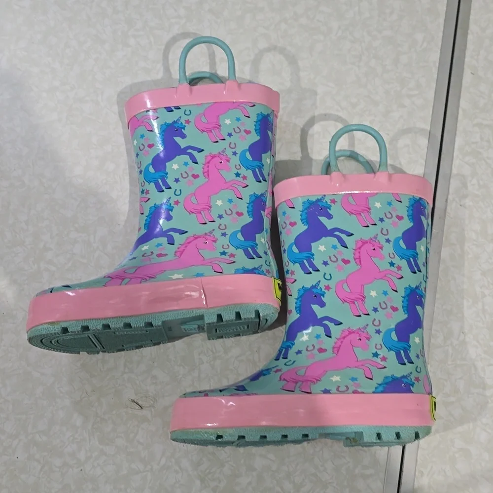 Girl’s Western‎ Chief Lucky Unicorn turquoise Rain Boots Size 7/8